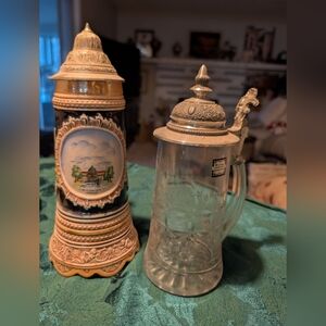 Ornate Ceramic Lidded German Beer Steins, One Etched Glass